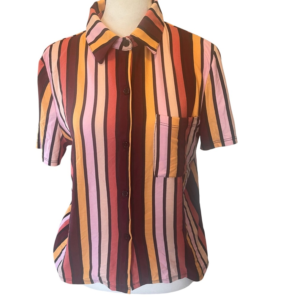 Ivy + Main Women 70's Striped Short Sleeve Knit Button Up Top Orange Retro Indie